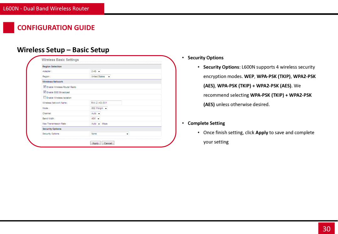 Rosewill manual Security Options L600N supports 4 wireless security 