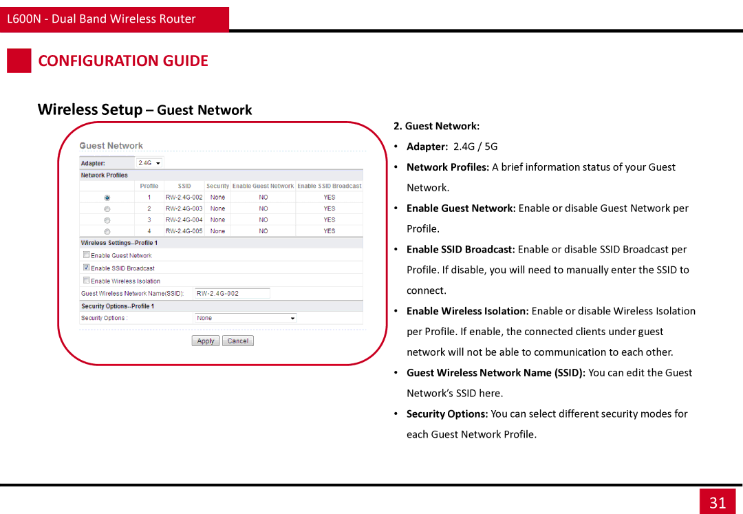 Rosewill L600N manual Wireless Setup Guest Network, Guest Network Adapter 2.4G / 5G 