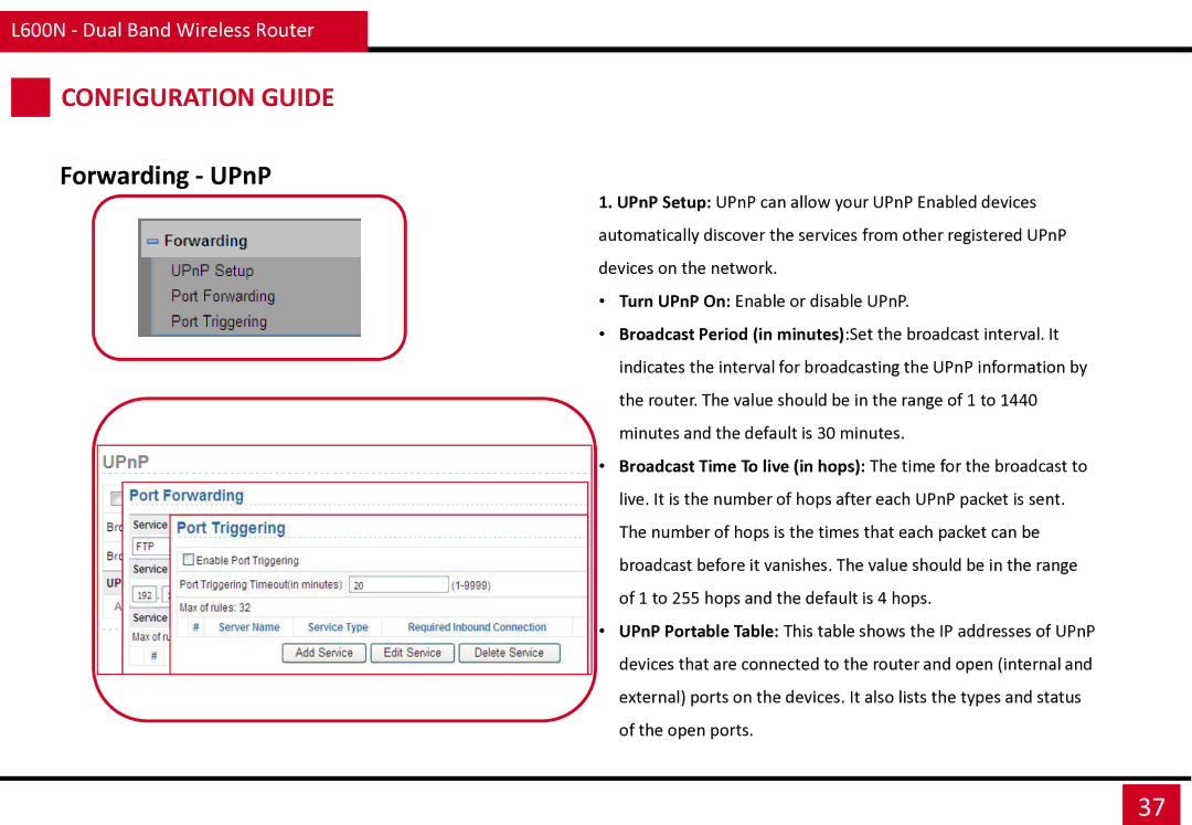 Rosewill L600N manual Forwarding UPnP, Broadcast Time To live in hops The time for the broadcast to 