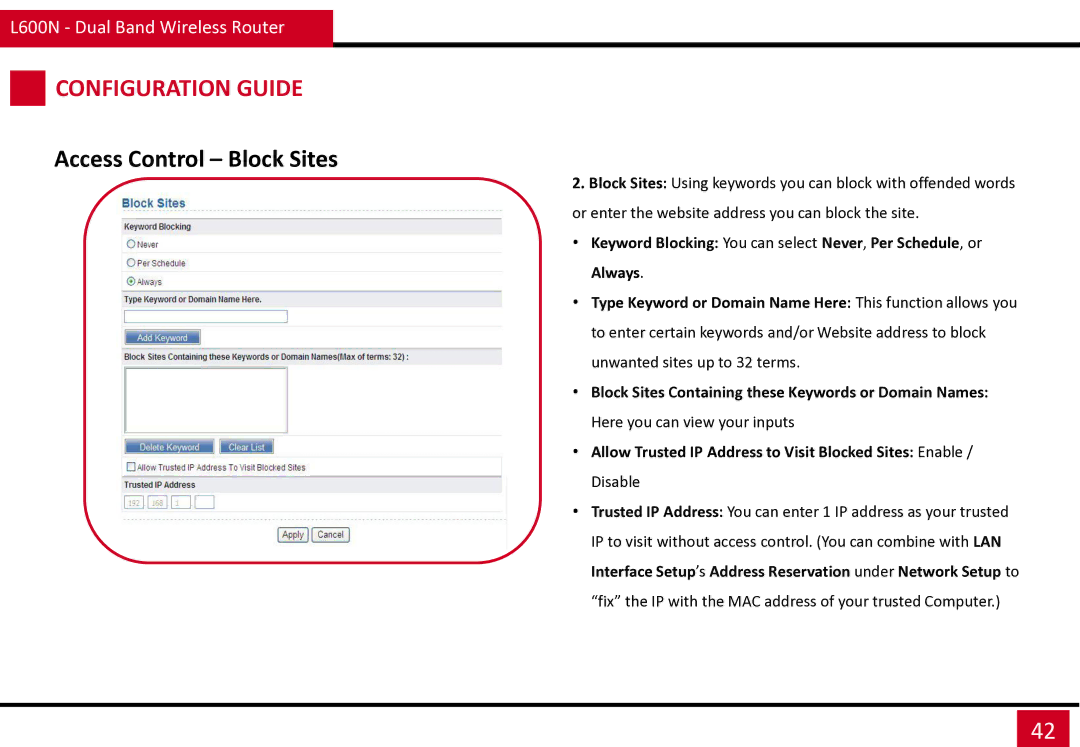 Rosewill L600N manual Access Control Block Sites, Block Sites Containing these Keywords or Domain Names 