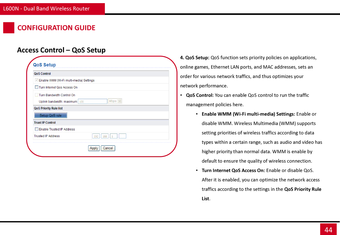 Rosewill L600N manual Access Control QoS Setup, List 