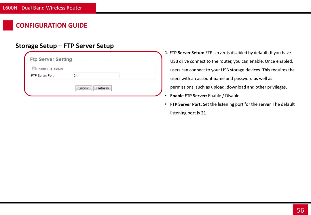 Rosewill L600N manual Storage Setup FTP Server Setup, Enable FTP Server Enable / Disable 