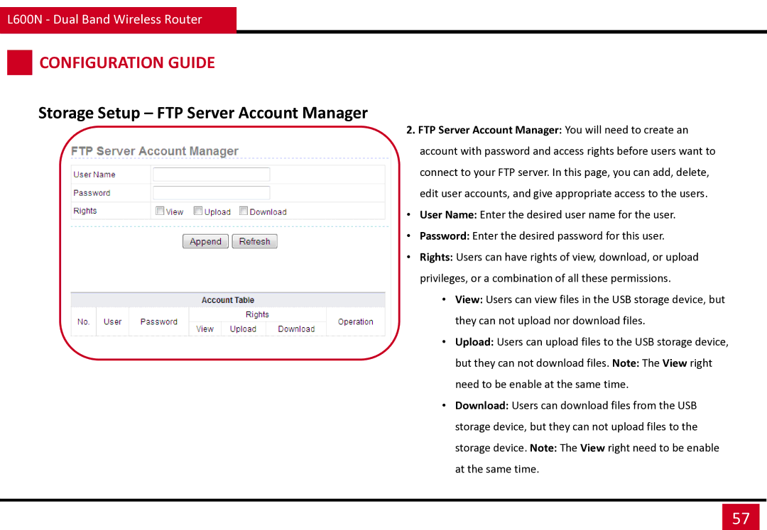 Rosewill L600N manual Storage Setup FTP Server Account Manager, FTP Server Account Manager You will need to create an 