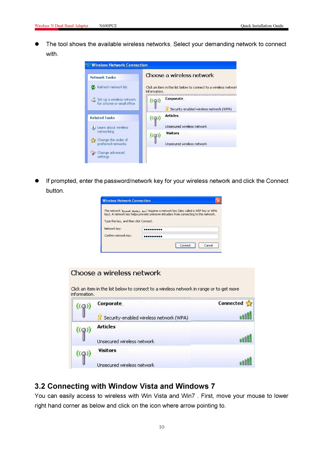 Rosewill N600PCE manual Connecting with Window Vista and Windows 