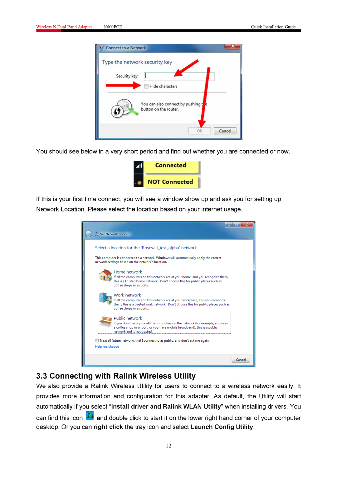 Rosewill N600PCE manual Connecting with Ralink Wireless Utility 