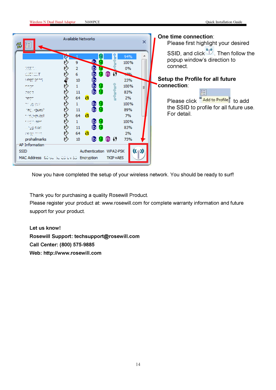 Rosewill N600PCE manual One time connection 