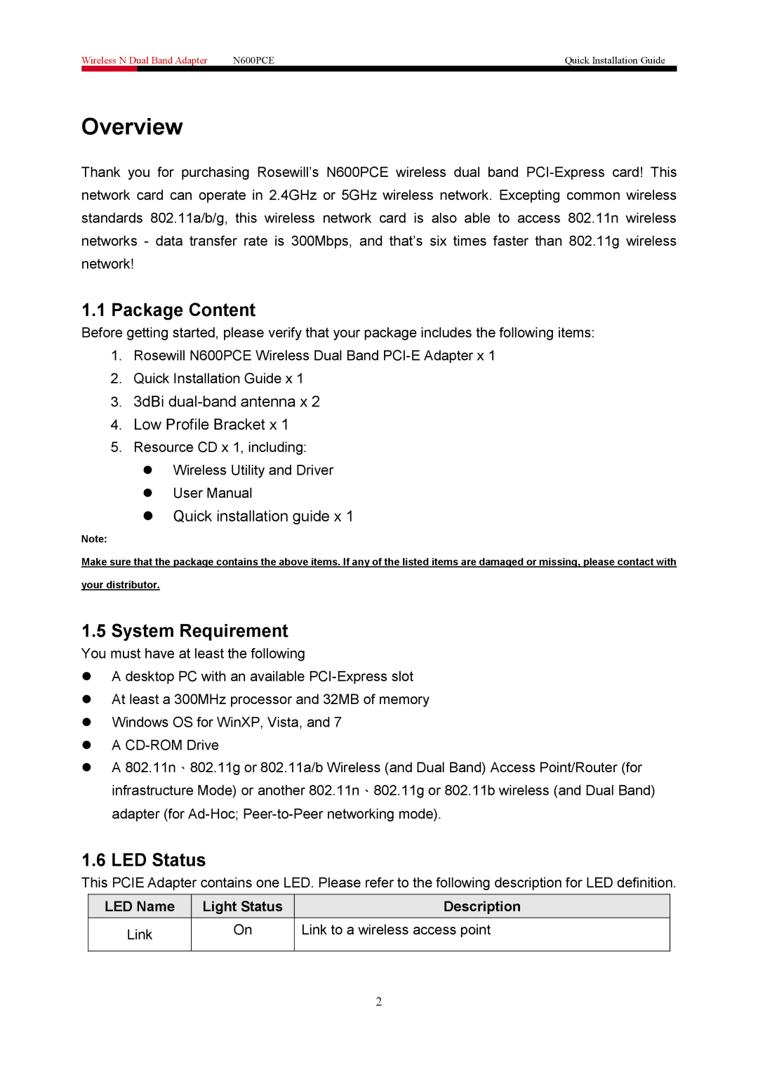 Rosewill N600PCE manual Overview, Package Content, System Requirement, LED Status 