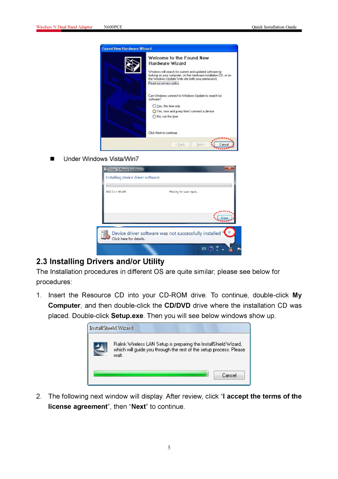 Rosewill N600PCE manual Installing Drivers and/or Utility 