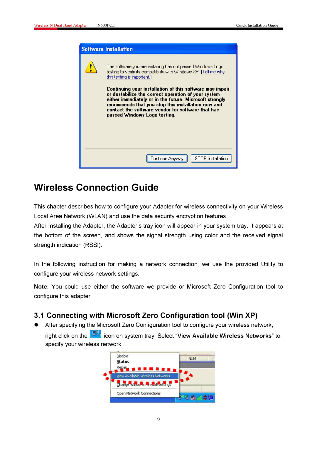 Rosewill N600PCE manual Wireless Connection Guide, Connecting with Microsoft Zero Configuration tool Win XP 