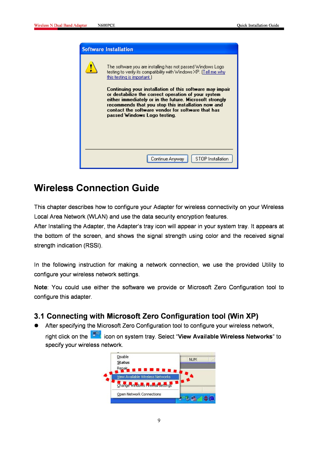 Rosewill N600PCE manual Wireless Connection Guide, Connecting with Microsoft Zero Configuration tool Win XP 