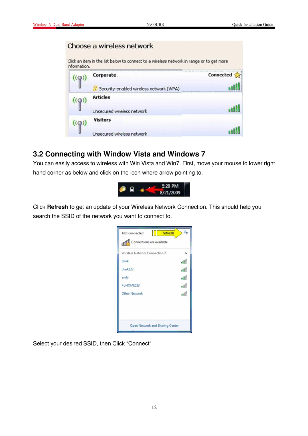 Rosewill N900UBE manual Connecting with Window Vista and Windows 