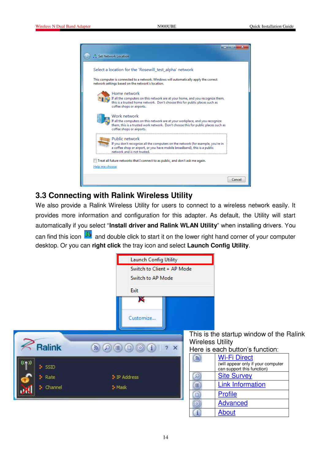 Rosewill N900UBE manual Connecting with Ralink Wireless Utility, Site Survey Link Information Profile Advanced About 