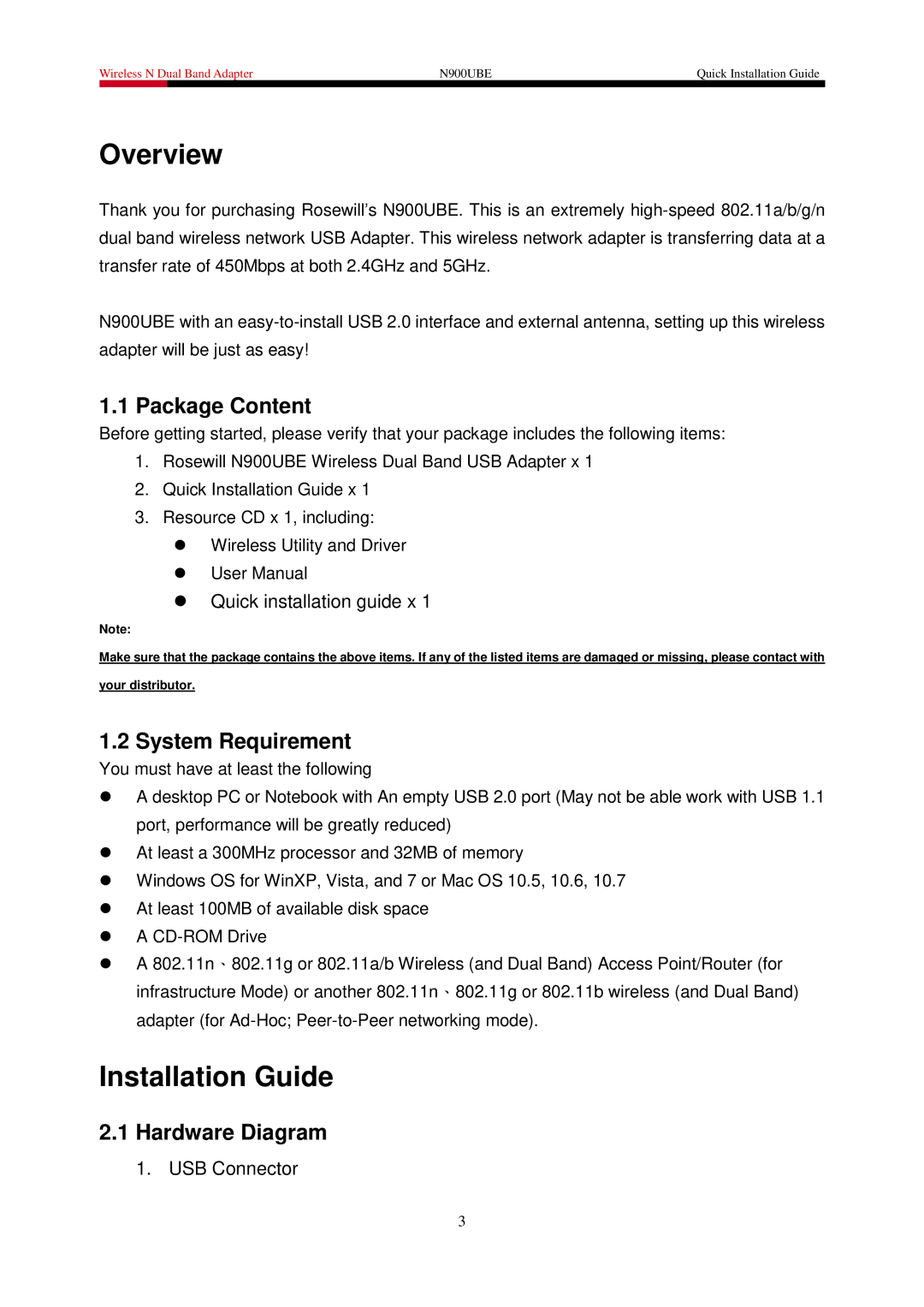 Rosewill N900UBE manual Package Content, System Requirement, Hardware Diagram 