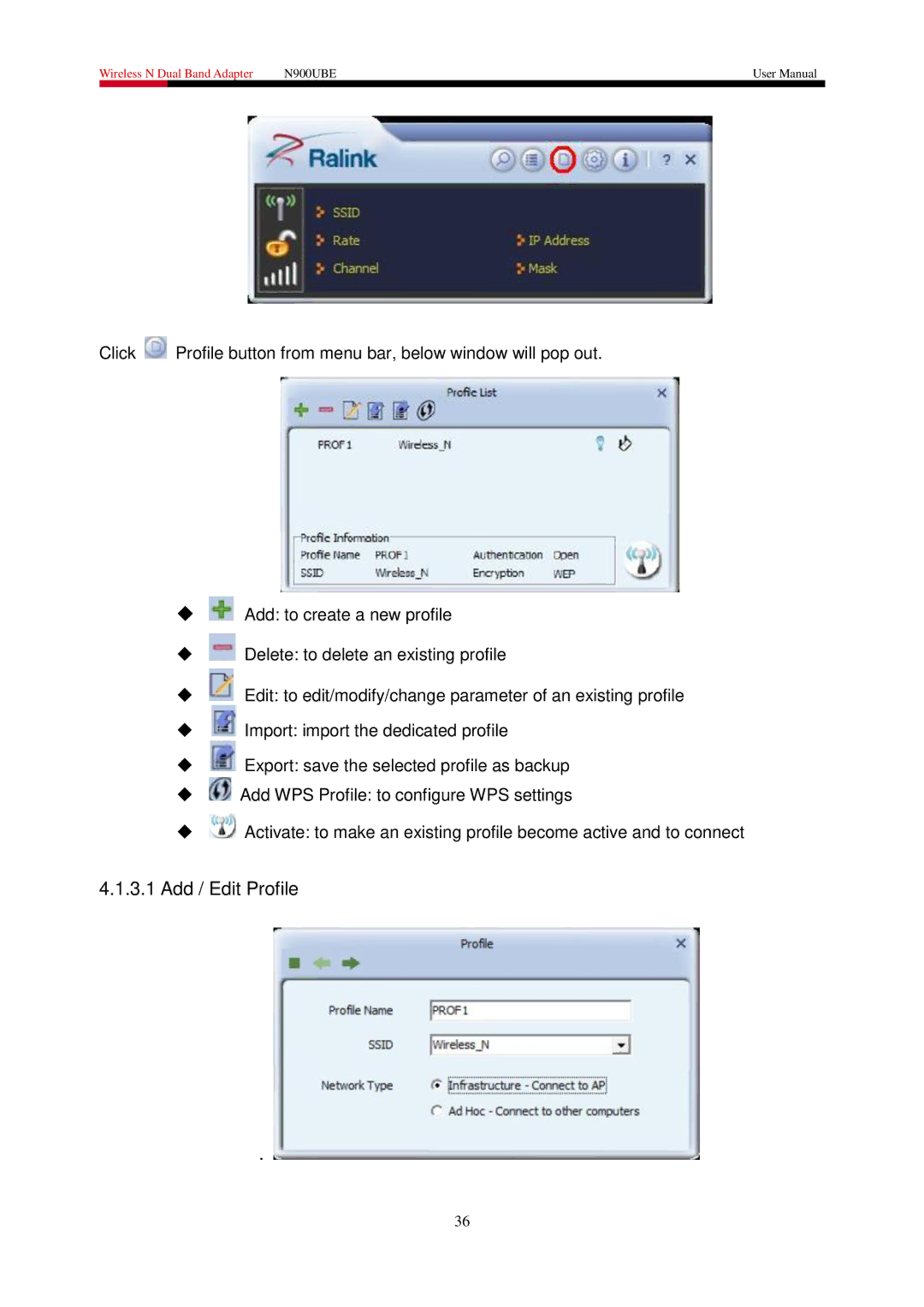 Rosewill N900UBE manual Add / Edit Profile 