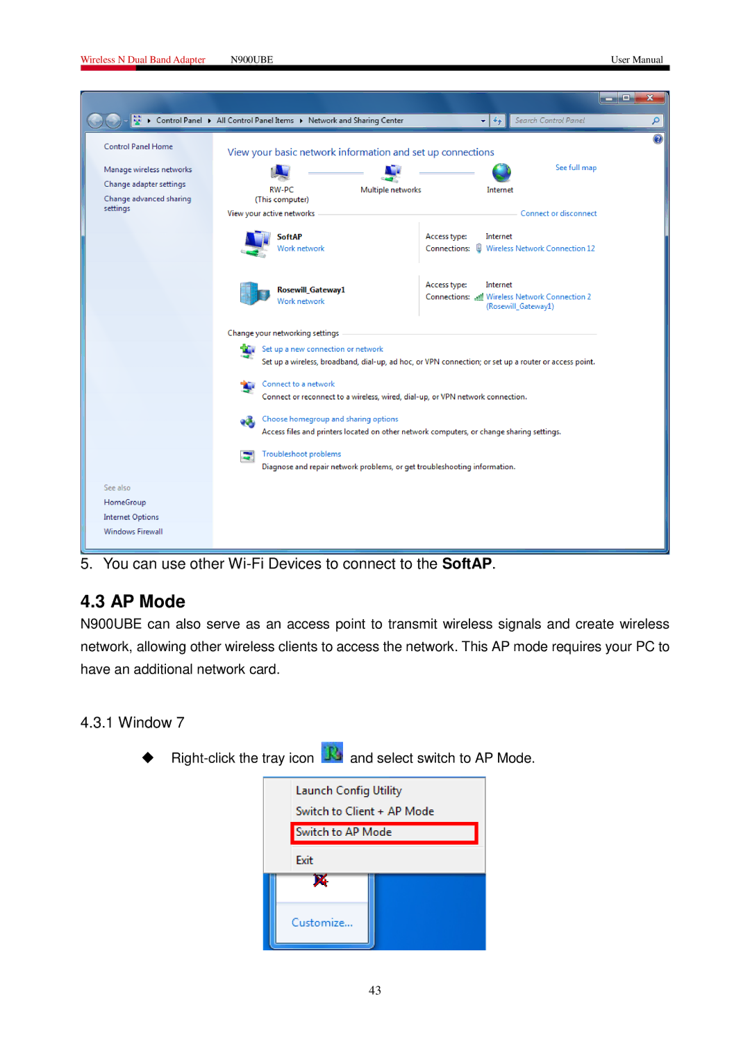 Rosewill N900UBE manual AP Mode, You can use other Wi-Fi Devices to connect to the SoftAP, Window 