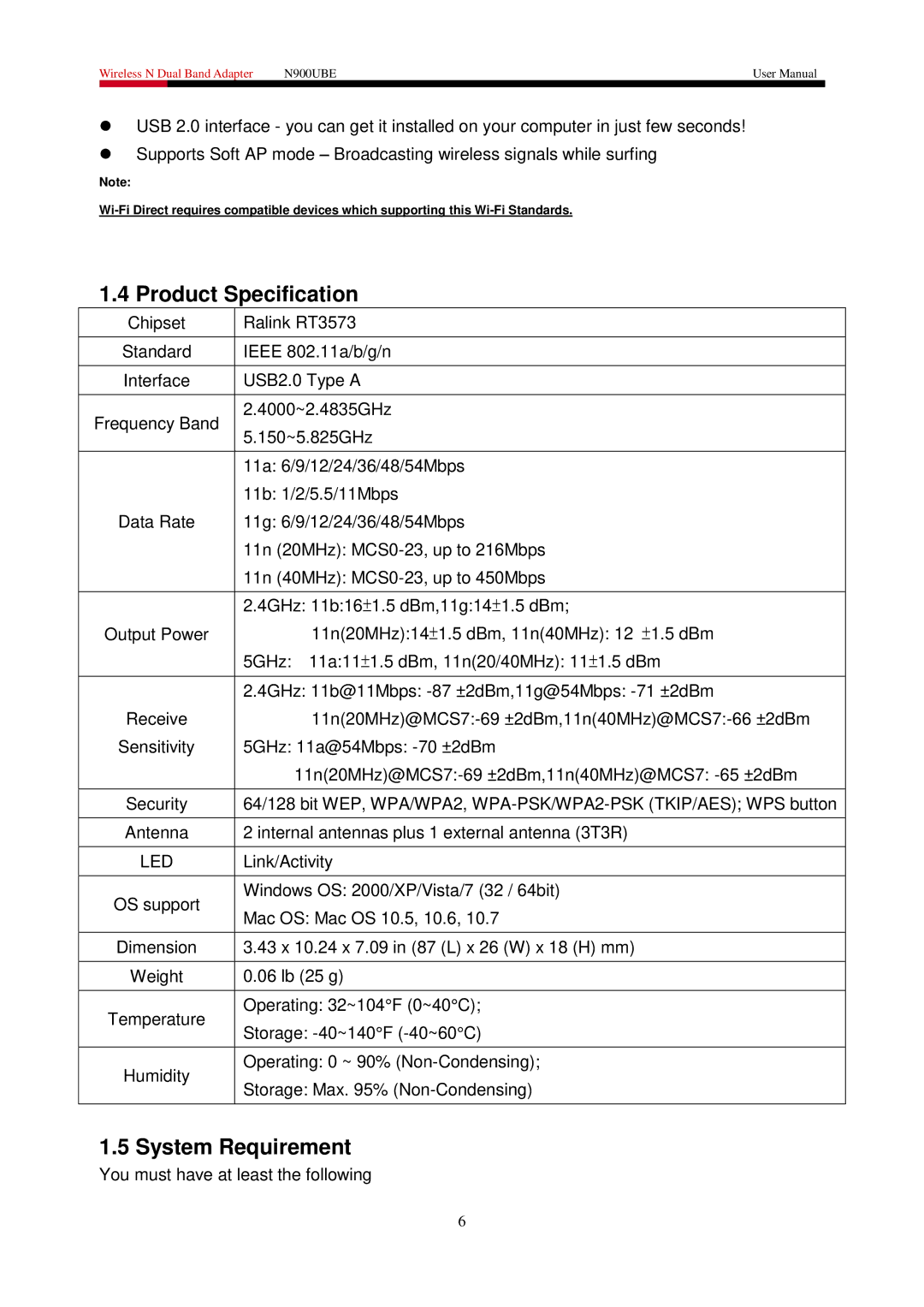 Rosewill N900UBE manual Product Specification, System Requirement 