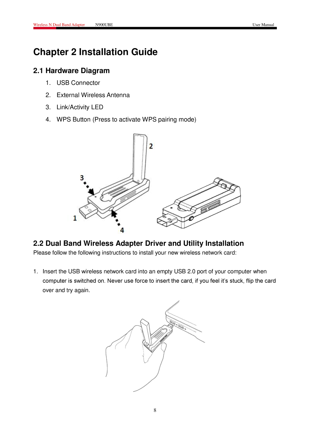 Rosewill N900UBE manual Hardware Diagram, Dual Band Wireless Adapter Driver and Utility Installation 