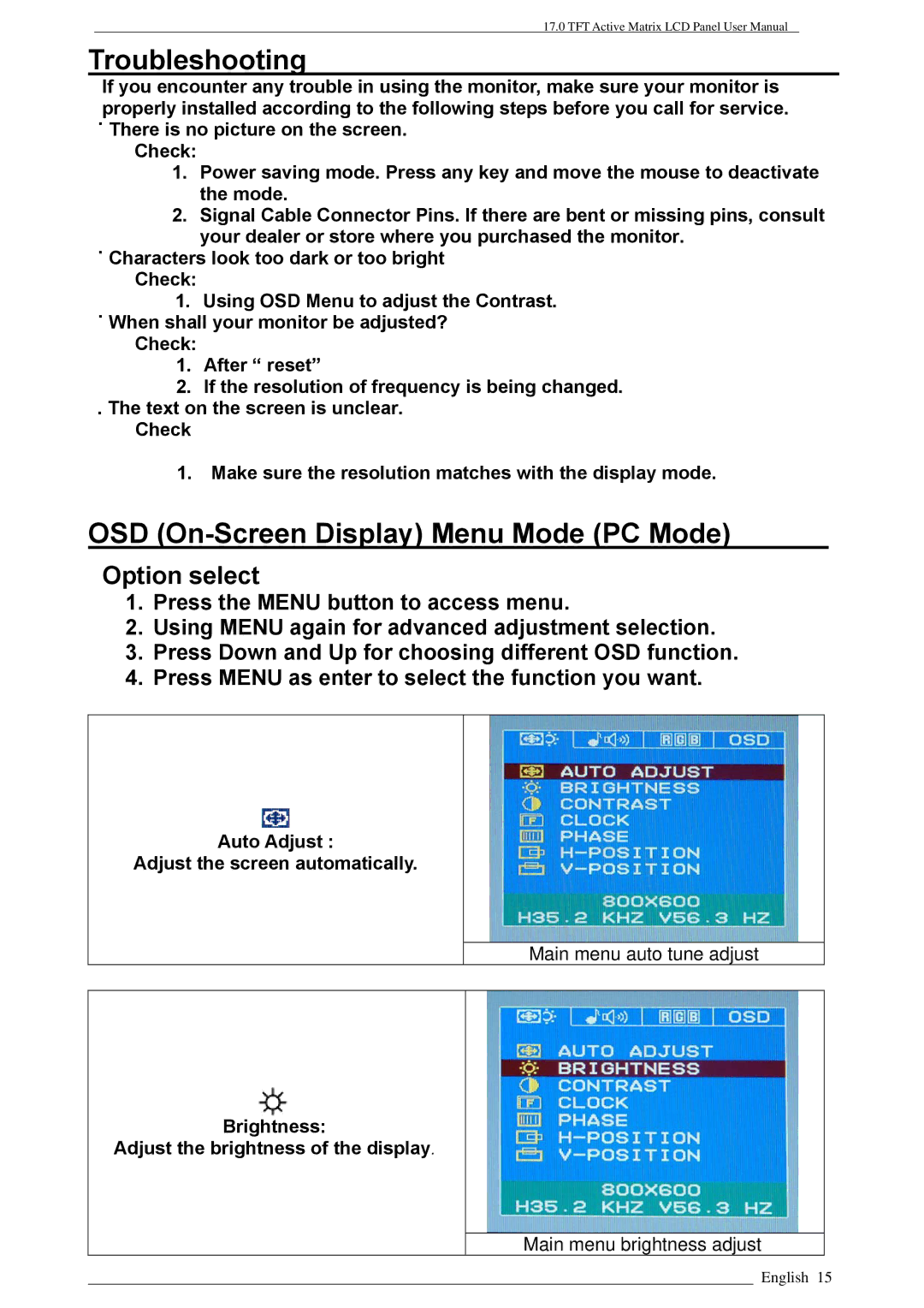 Rosewill PAA050F, LAD6019AB4 user manual Troubleshooting, OSD On-Screen Display Menu Mode PC Mode 