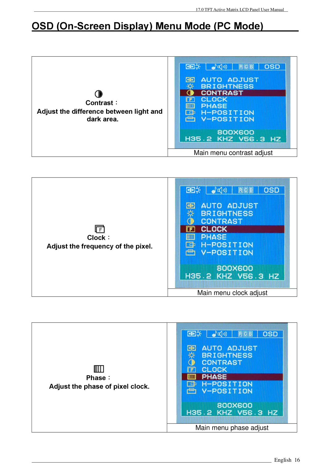 Rosewill LAD6019AB4, PAA050F user manual Contrast： Adjust the difference between light and dark area 