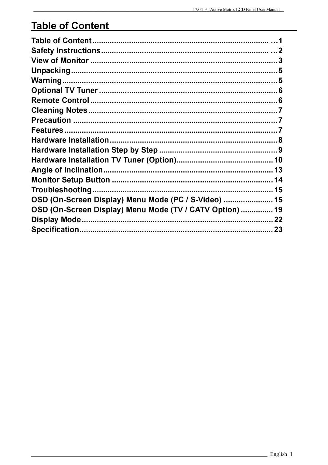 Rosewill PAA050F, LAD6019AB4 user manual Table of Content Safety Instructions, Unpacking, Display Mode Specification 