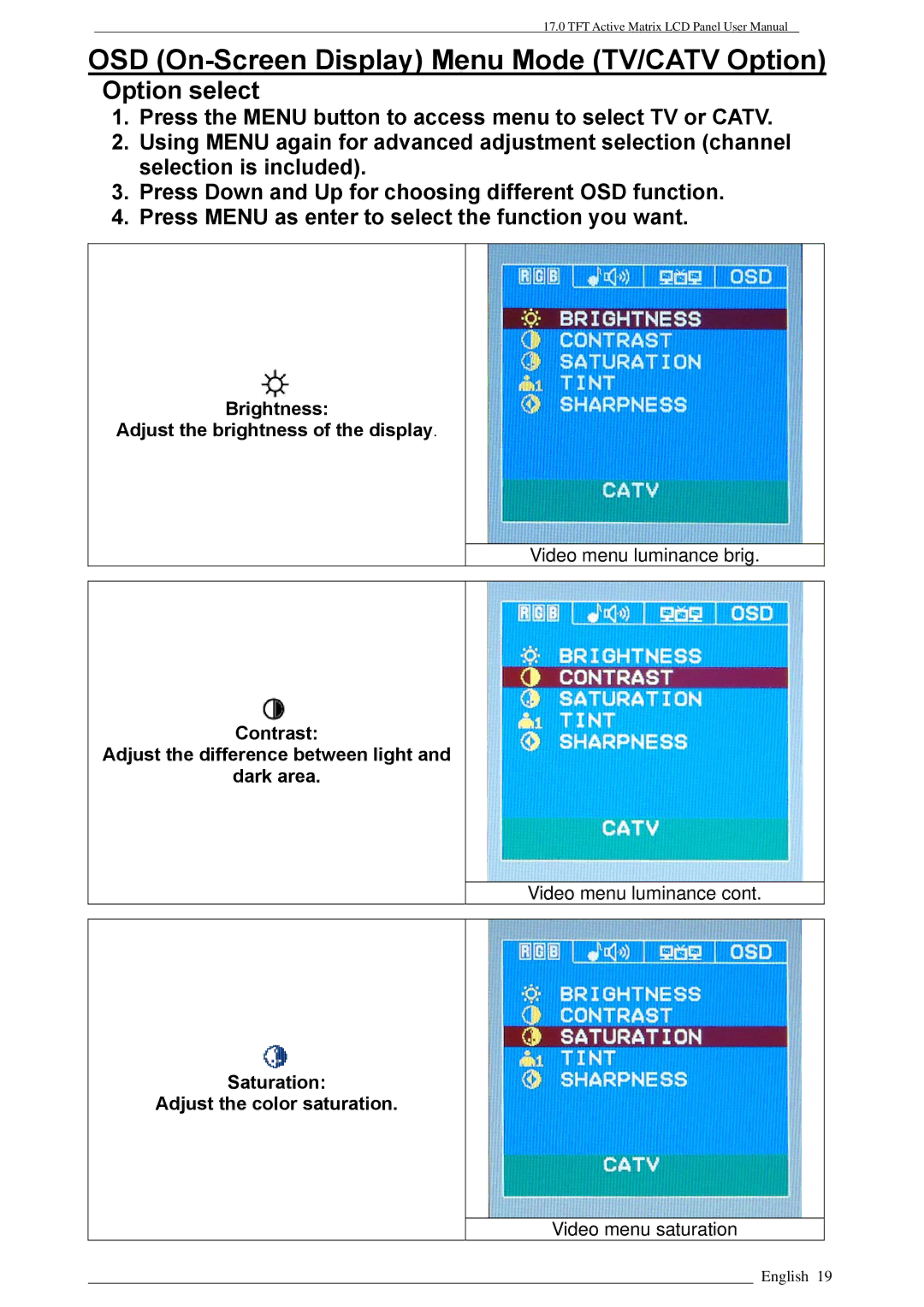 Rosewill PAA050F, LAD6019AB4 user manual OSD On-Screen Display Menu Mode TV/CATV Option 