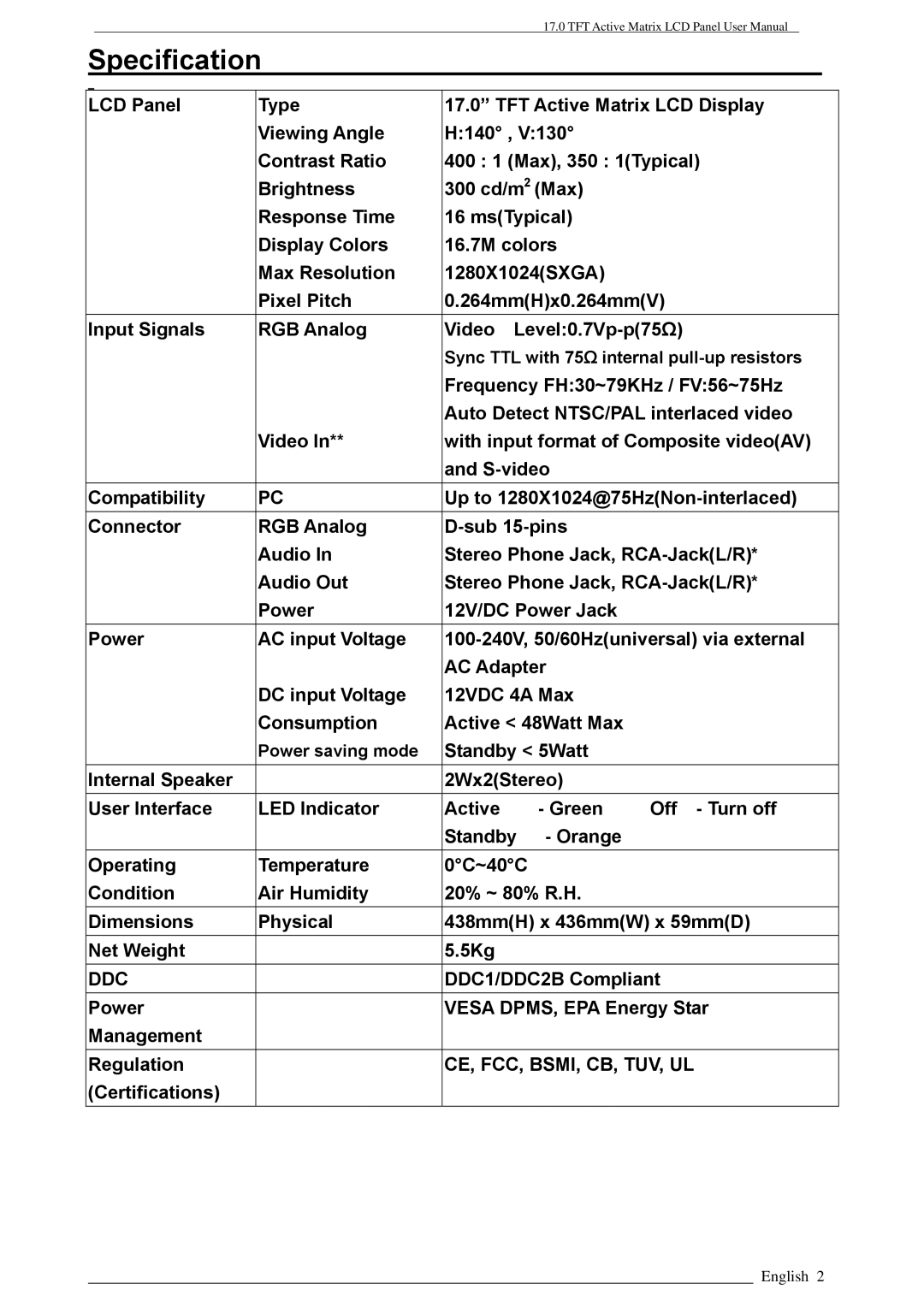 Rosewill PAA050F, LAD6019AB4 user manual Specification 