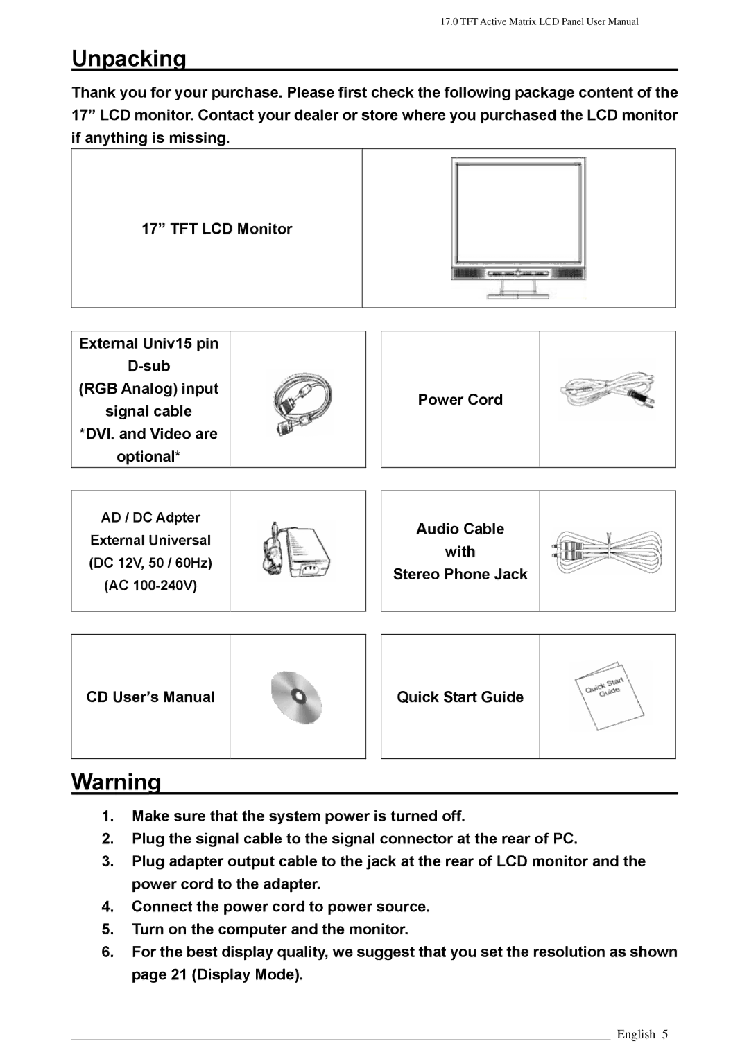 Rosewill PAA050F, LAD6019AB4 user manual Unpacking 