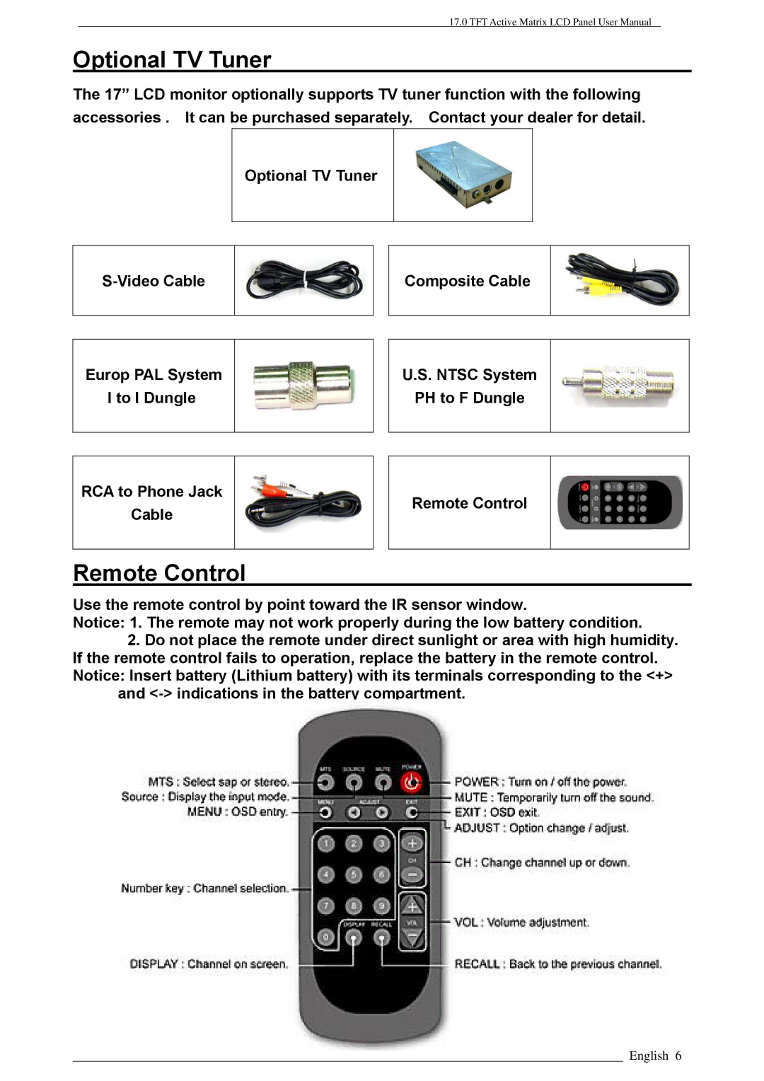 Rosewill LAD6019AB4, PAA050F user manual Optional TV Tuner, Remote Control 