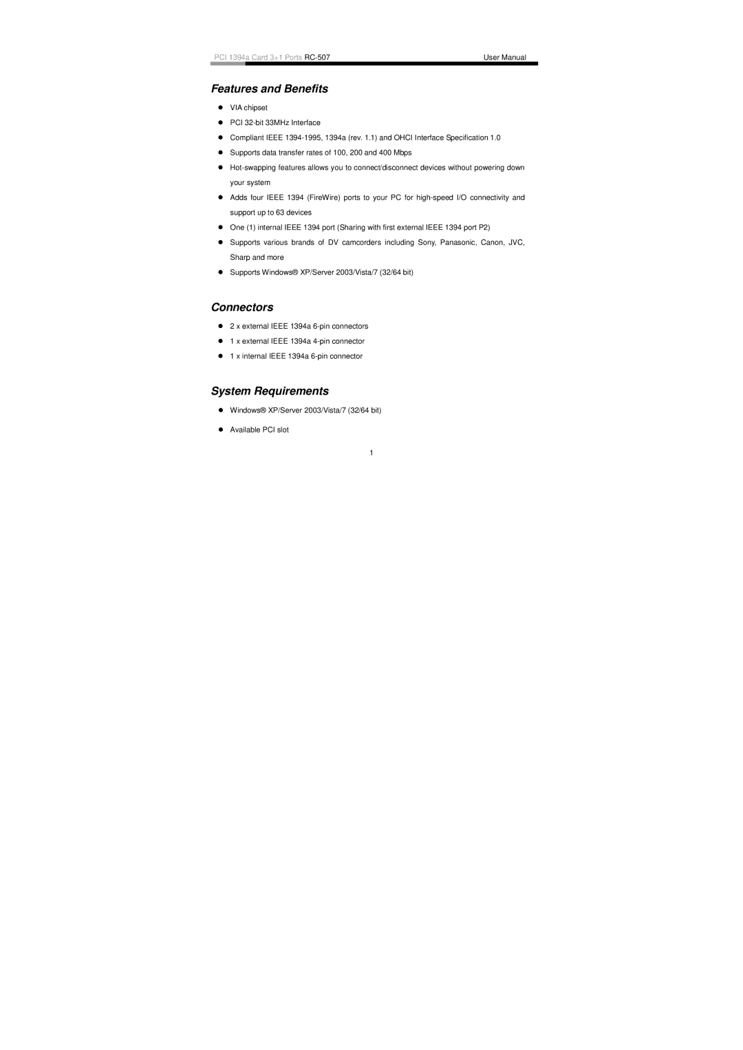 Rosewill PCI 1394A user manual Features and Benefits, Connectors, System Requirements 