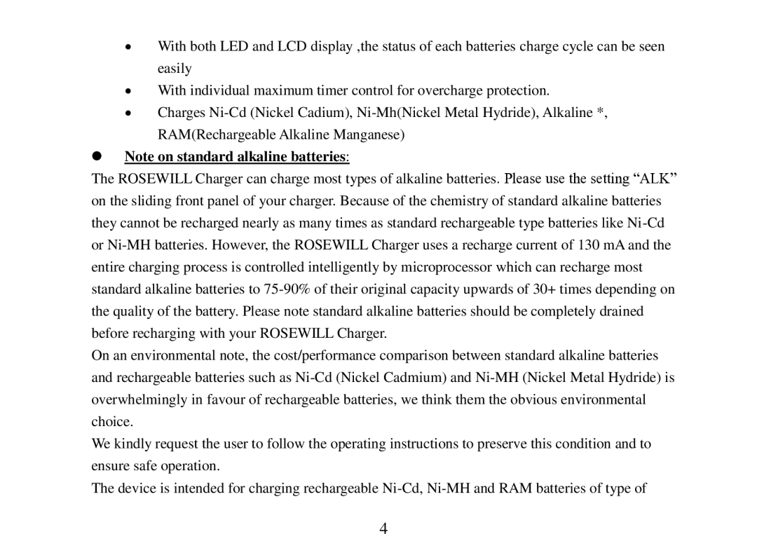 Rosewill R-BC-01 user manual  Note on standard alkaline batteries 