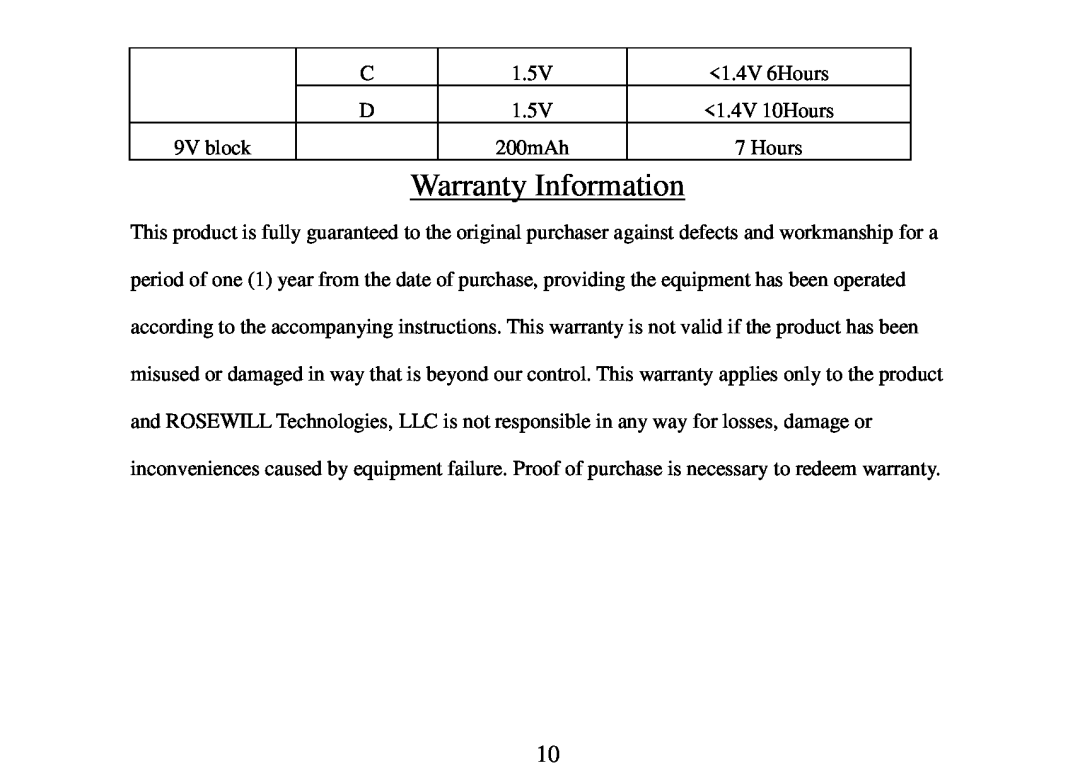 Rosewill R-BC-01 user manual Warranty Information, 1.5V, 1.4V 6Hours, 9V block 
