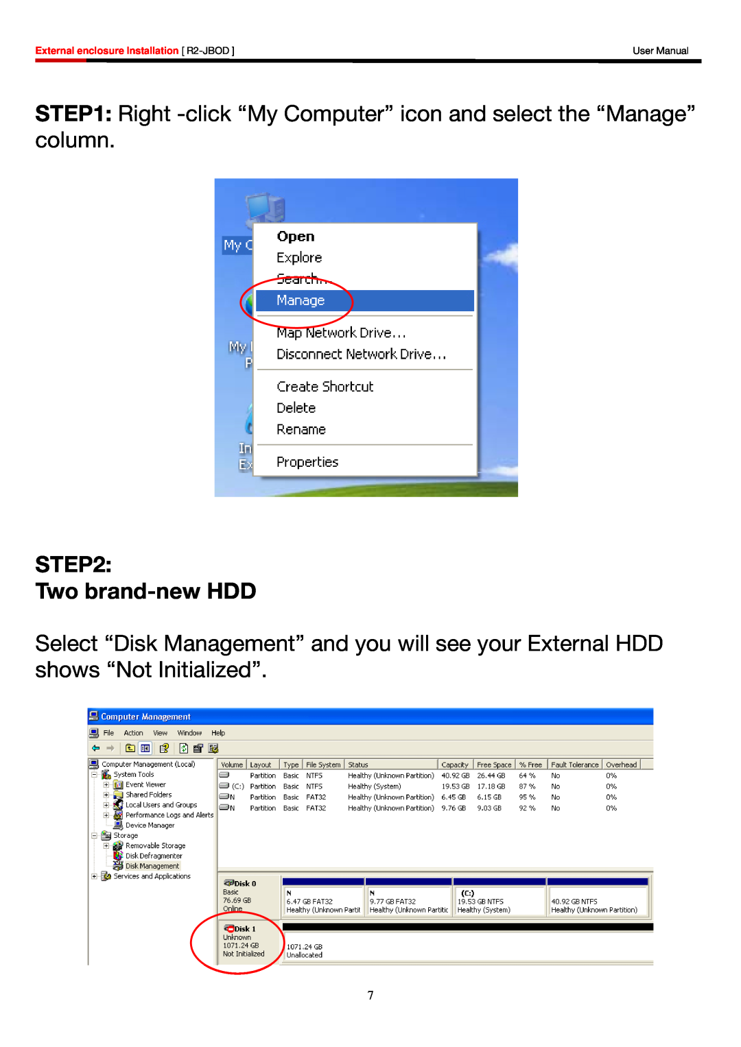 Rosewill R2-JBOD user manual Right -click “My Computer” icon and select the “Manage” column, Two brand-new HDD, User Manual 