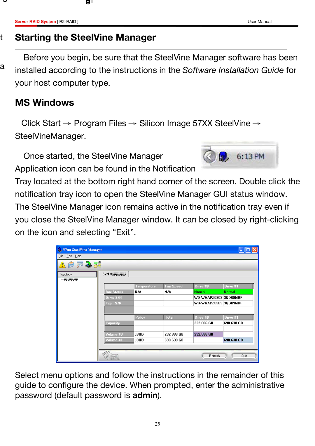 Rosewill R2-RAID user manual Starting the SteelVine Manager, MS Windows 