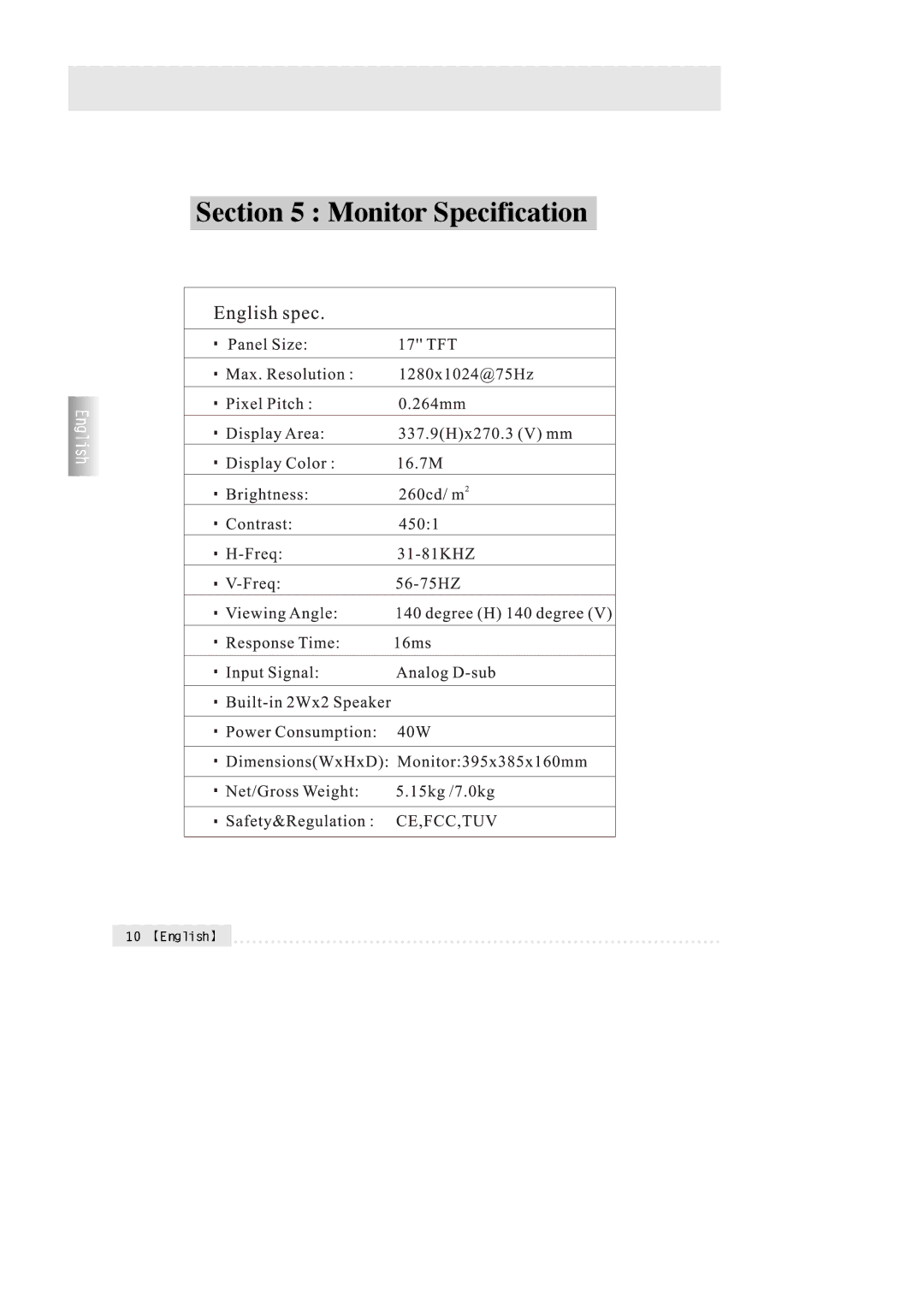 Rosewill R700N user manual Monitor Specification 