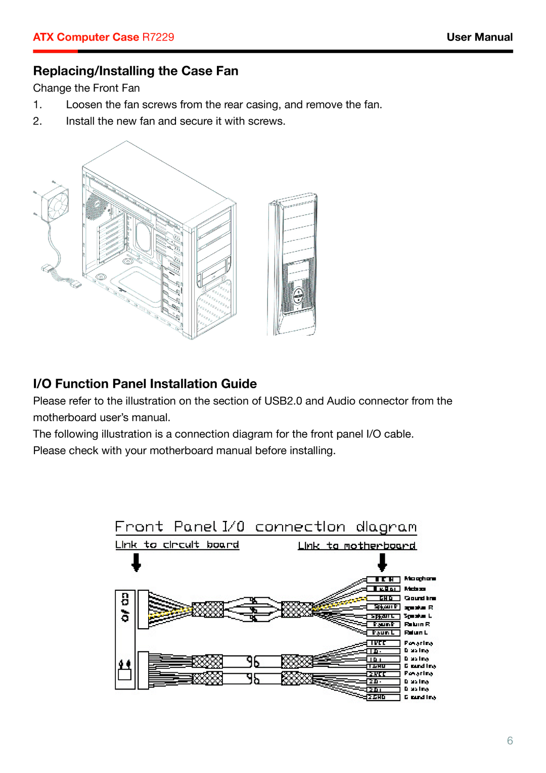 Rosewill R7229 manual Replacing/Installing the Case Fan, Function Panel Installation Guide 