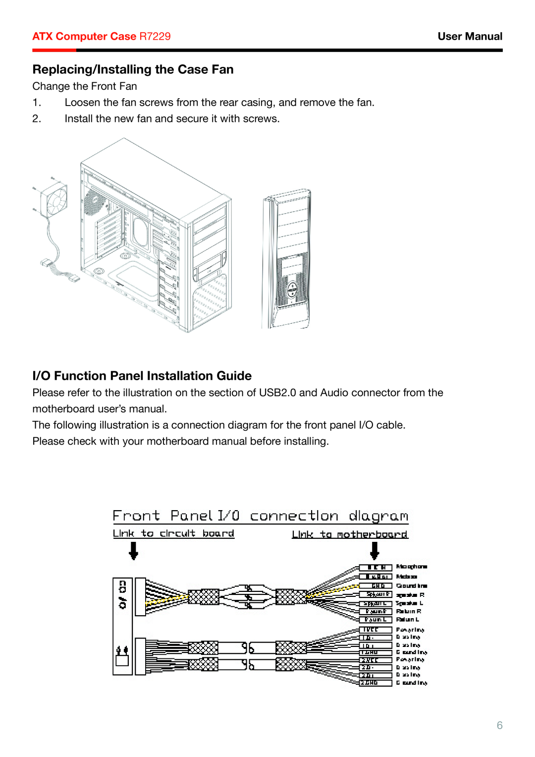 Rosewill Replacing/Installing the Case Fan, I/O Function Panel Installation Guide, ATX Computer Case R7229, User Manual 