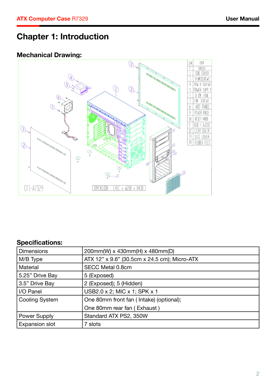 Rosewill R7329 user manual Introduction, Mechanical Drawing Speciﬁcations 