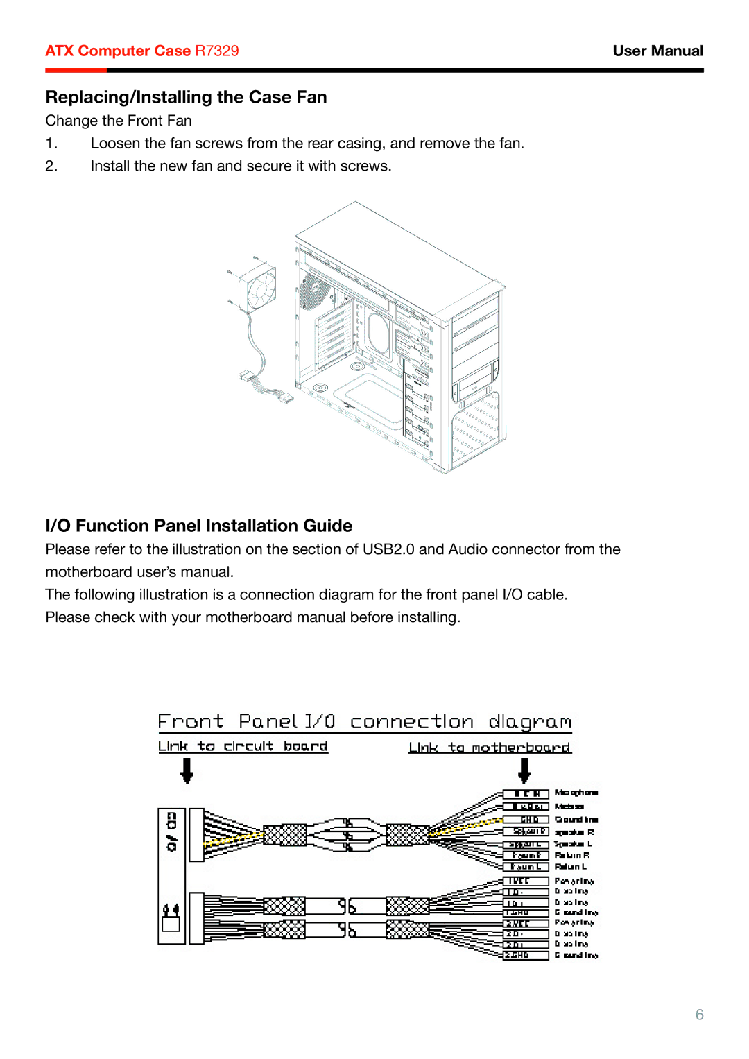 Rosewill R7329 user manual Replacing/Installing the Case Fan, Function Panel Installation Guide 