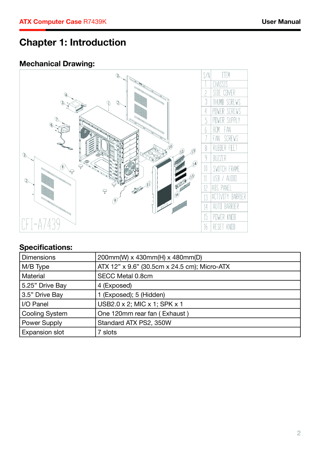 Rosewill user manual Introduction, Mechanical Drawing Speciﬁcations, User Manual, ATX Computer Case R7439K 