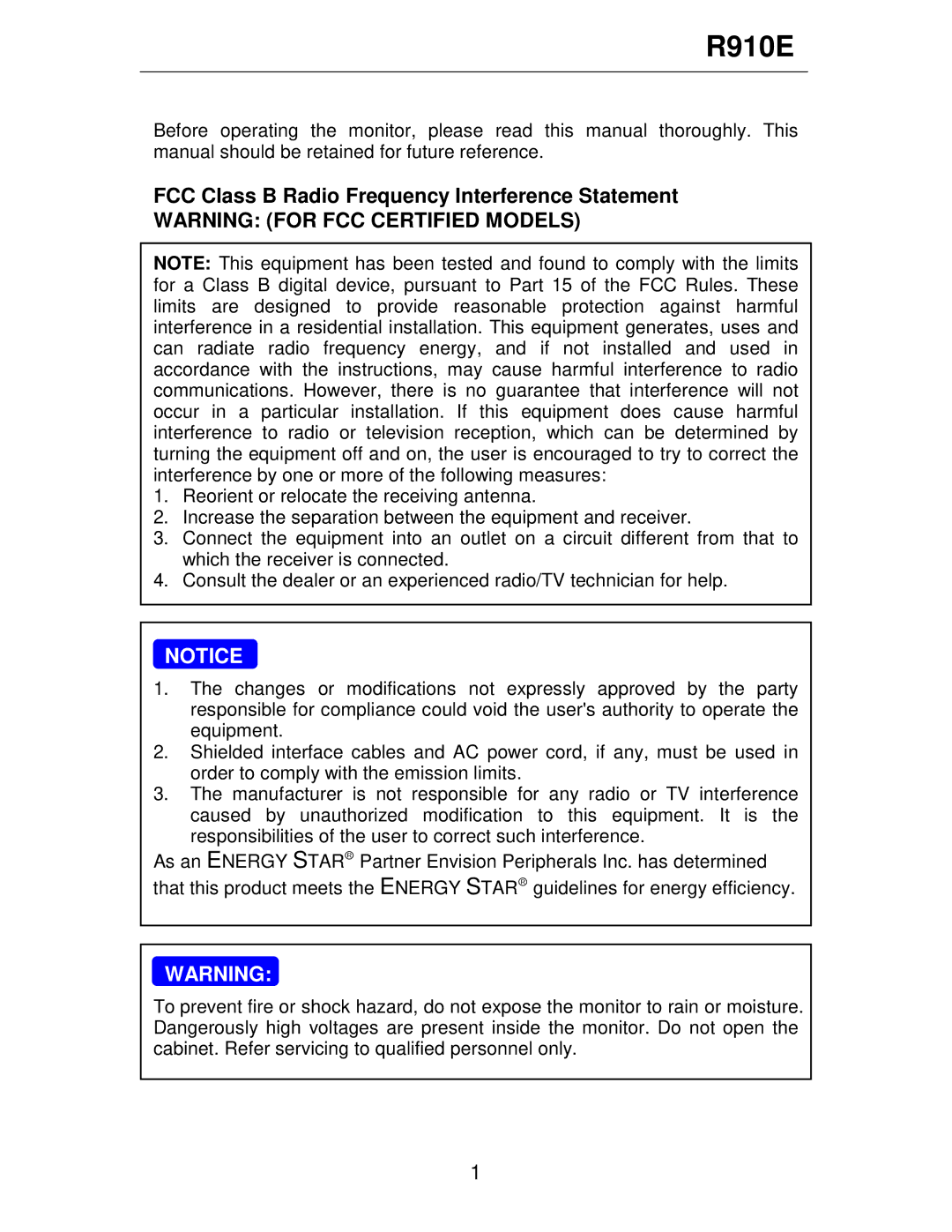 Rosewill R910E user manual FCC Class B Radio Frequency Interference Statement 