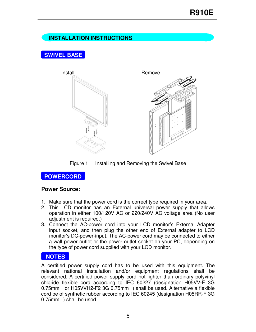 Rosewill R910E user manual Installation Instructions, Swivel Base, Powercord, Power Source 