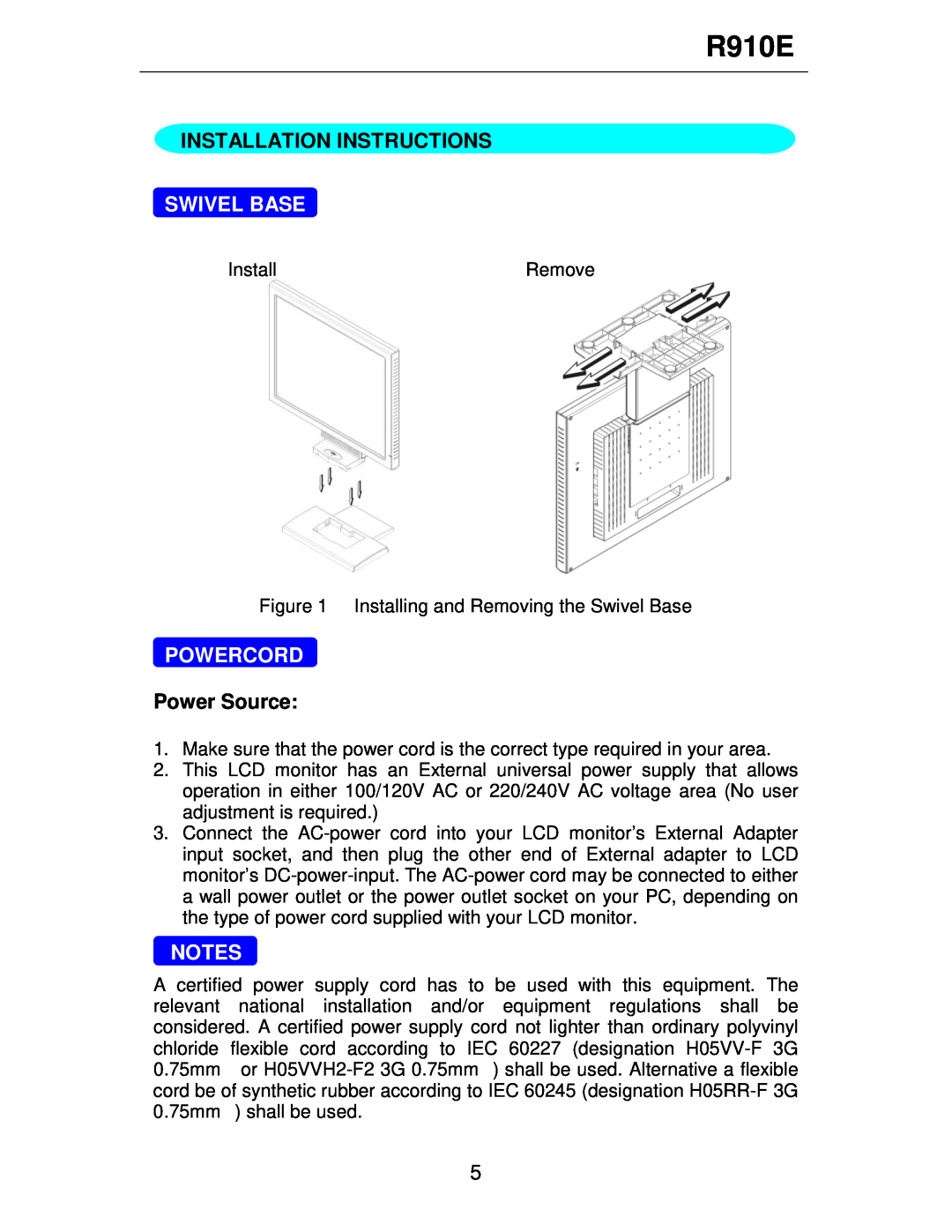 Rosewill R910E user manual Installation Instructions, Swivel Base, Powercord, Power Source 