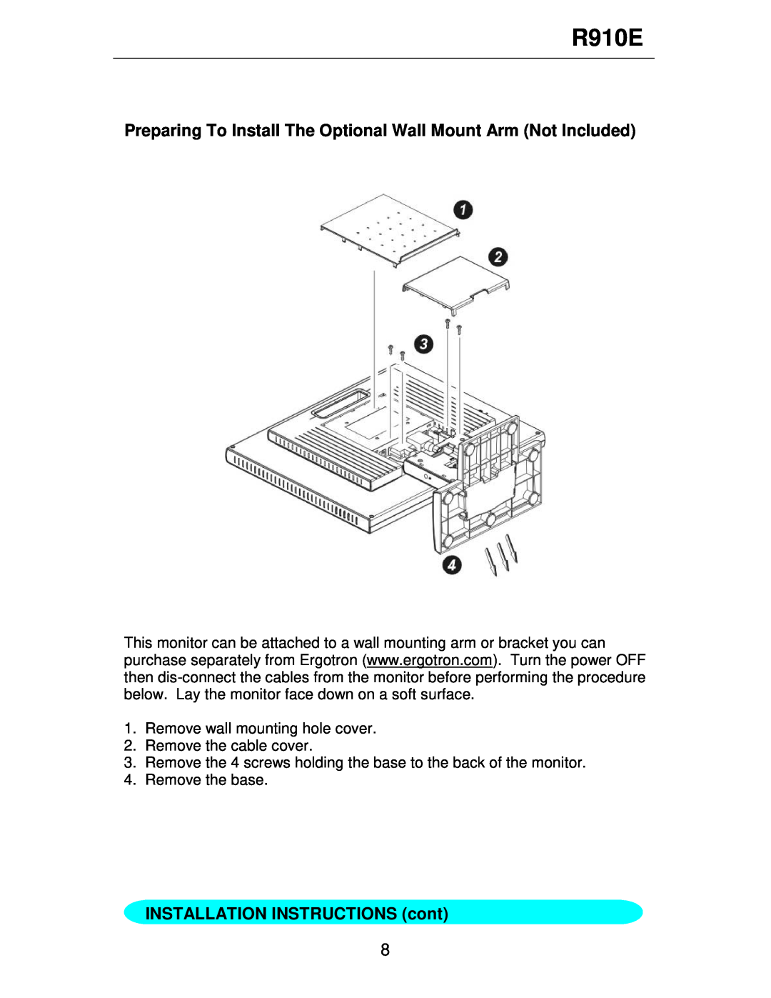 Rosewill R910E user manual Preparing To Install The Optional Wall Mount Arm Not Included, INSTALLATION INSTRUCTIONS cont 