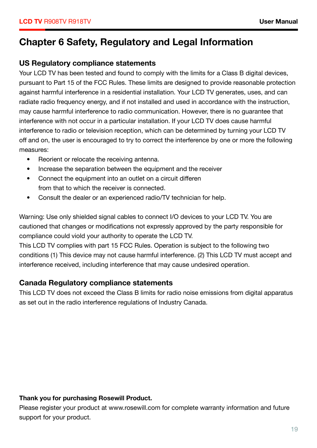 Rosewill R918TV, R908TV user manual Safety, Regulatory and Legal Information, US Regulatory compliance statements 