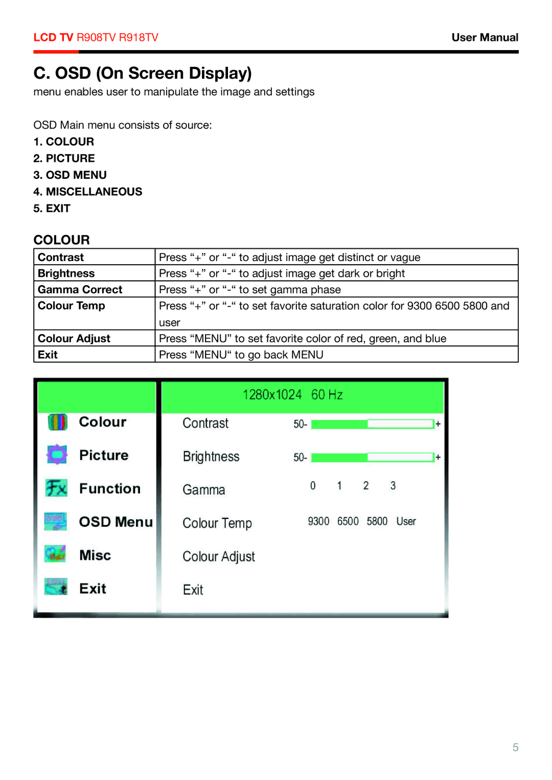 Rosewill R918TV, R908TV user manual OSD On Screen Display, Colour 