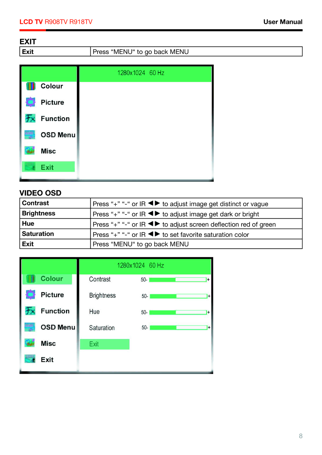 Rosewill R908TV, R918TV user manual Exit, Video OSD 