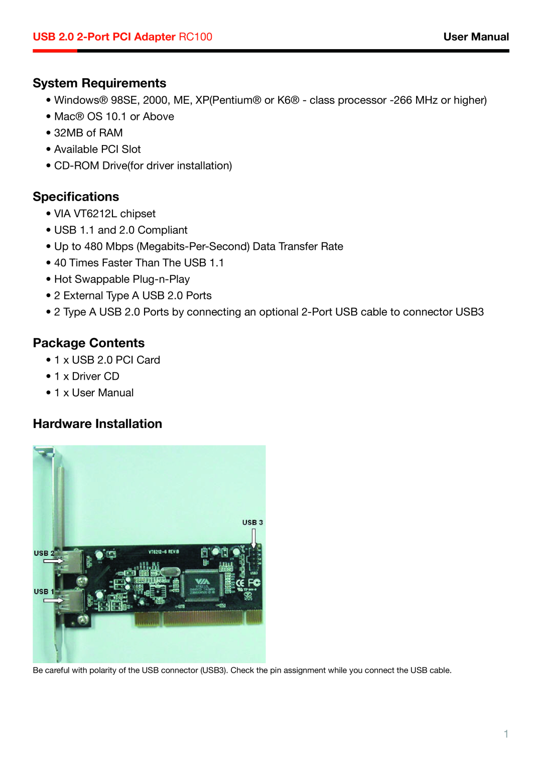 Rosewill RC-100 USB 2.0 2-Port PCI Adapter RC100, User Manual, System Requirements, Speciﬁcations, Package Contents 