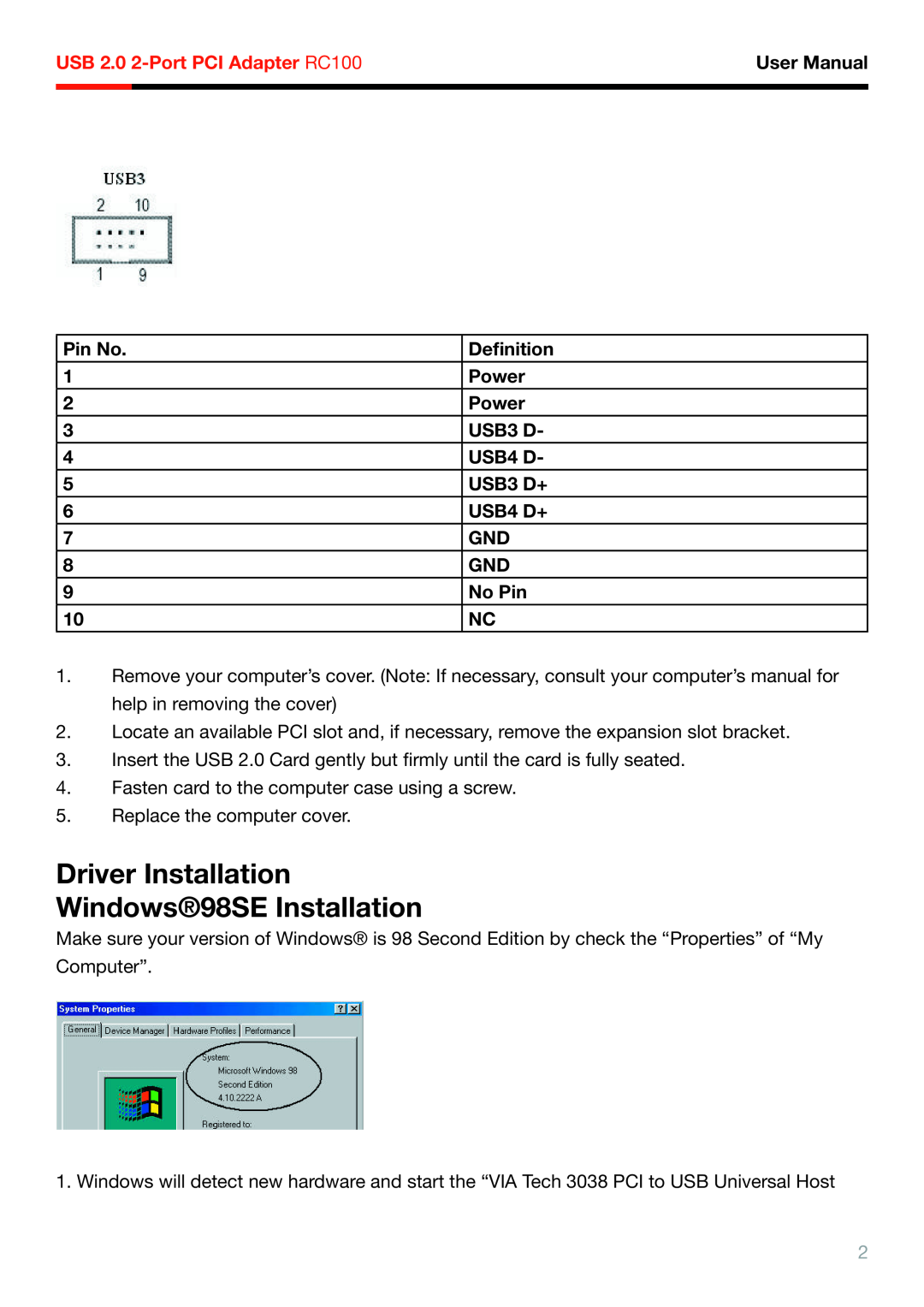 Rosewill RC-100 Driver Installation Windows98SE Installation, Pin No, Deﬁnition, Power, USB3 D+, USB4 D+, No Pin 