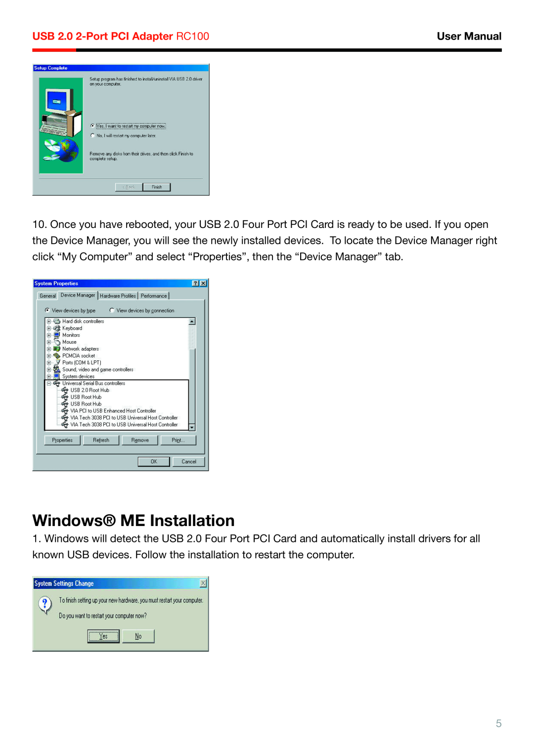 Rosewill RC-100 user manual Windows ME Installation, USB 2.0 2-Port PCI Adapter RC100, User Manual 
