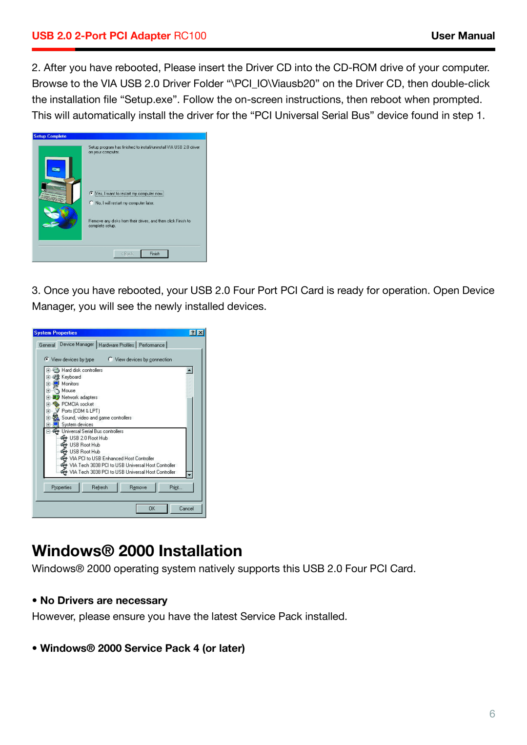 Rosewill RC-100 Windows 2000 Installation, No Drivers are necessary, Windows 2000 Service Pack 4 or later, User Manual 